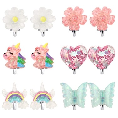 6Pairs Crystal Unicorn Clip On Earrings for Little Girls, Rainbow Earrings Butterfly Earrings Toddler Girls Dress Up Jewelry
