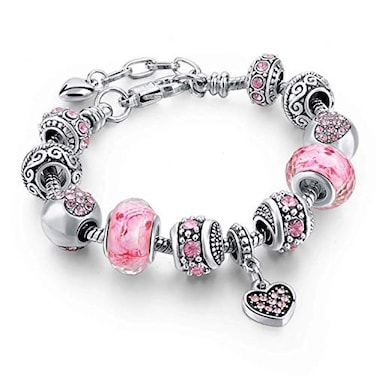 Capital Charms Pink Hearts Silver Plated Charm Bracelet Set, Jewelry Gifts with Beads, Charms, and Adjustable Snake Chain, Fits 7.5"+1.5