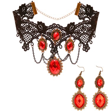 Skeleteen Gothic Vampire Jewelry Set - Black Lace Choker with Red Rhinestone Earrings Pirate Costume Accessories Set for Women