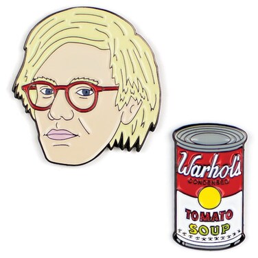 The Unemployed Philosophers Guild Warhol and Soup Can Enamel Pin Set - Strong Rubber Backing Clasps