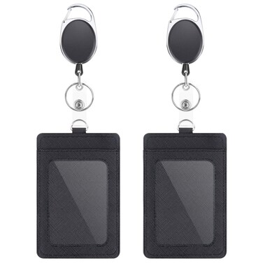 2 Pack Badge Holders and Heavy Duty Retractable Reel Clips Set, Vertical Leather ID Badge Holders with 1 Clear ID Window &amp; 2 Credit Card Slots (Black-2pcs)'