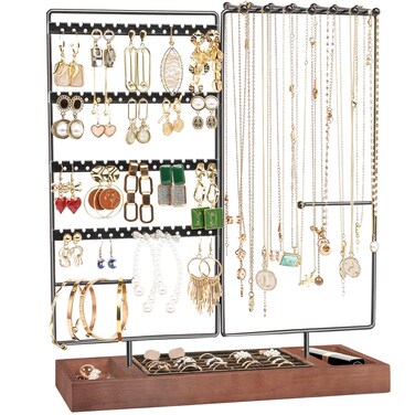 ProCase Jewelry Organizer Stand Earring Holder Organizer, 6 Tiers Earring Organizer Tree Necklace Rack Jewellery Tower Bracelets Holder Storage with Removable Wooden Ring Tray for Women Girls -Black