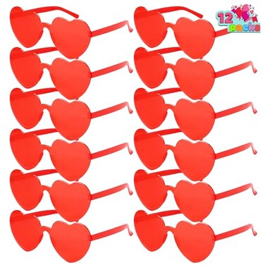 JOYIN 12 Pack Valentine's Day Heart Shape Glasses, Rimless Sunglasses, Classroom Exchange Gift for Kids, Stylish and Safe Eyewear in Red, Rimless Glasses for Women and Girl, Party Favor Holiday Reward