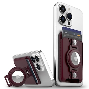 VENA MagSafe Wallet for iPhone with AirTag Holder, Card Holder, RFID Protection, 3-in-1 Detachable Magnetic Leather Case with Kickstand for iPhone 15/14/13/12 Series - Burgundy Red