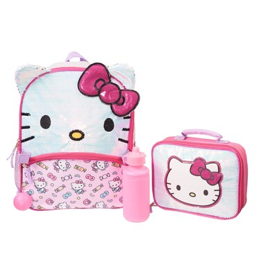 AI ACCESSORY INNOVATIONS Hello Kitty Girls 4 Piece Backpack Set, Iridescent Flip Sequin 16" School Bag with 3D Features, Front Zip Pocket, Pink &amp; White