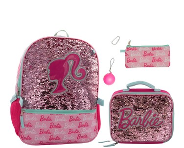 AI ACCESSORY INNOVATIONS Barbie 4 Piece Backpack Set, Sparkle &amp; Shine with this Magic Flip Sequin School Bag for Girls with Zip Front Pocket, Pink