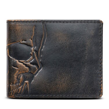 House of Jack Co. SKULL Bifold Wallet for Men   Extra Capacity Two ID Windows   Full Grain Leather With Hand Burnished Finish   Multi Card Capacity   Skull Men's Wallet