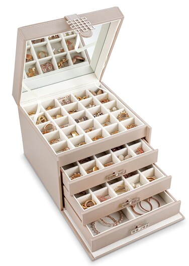 Glenor Co Earring Organizer Holder - 75 Small &amp; 4 Large Slots Classic Jewelry Box with Drawer &amp; Modern Closure, Mirror, 4 Trays Earrings, Ring or Chain Storage - PU Leather Case - Sand