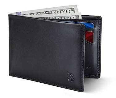 SERMAN BRANDS Mens Slim Bifold Wallet RFID Blocking Minimalist Front Pocket Full Grain Leather Wallets for Men - Thin &amp; Stylish (Jet Black Elite)