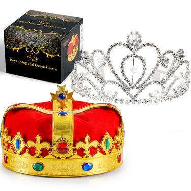 JOYIN 2 Pack Royal Crowns, King's and Queen's Crowns, Crowns for Kids and Audults, Halloween Party Costume Accessories