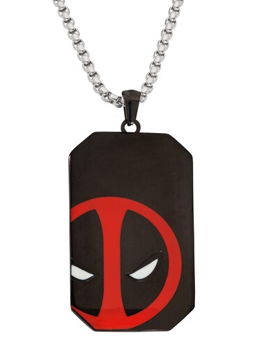 Marvel Comics Dead Pool Jewelry, Stainless Steel Dog Tag Pendant Necklace, 22" Box Chain