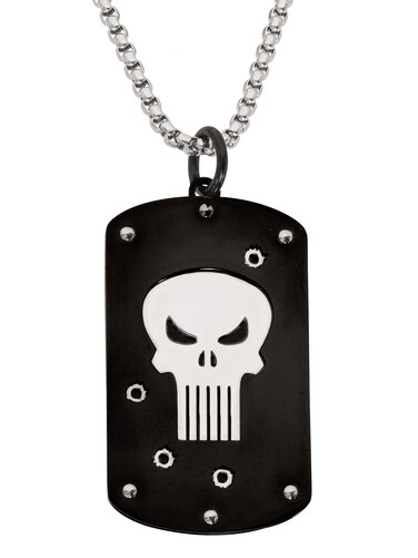 Marvel Comics Punisher Jewelry, Stainless Steel Logo Dog Tag Necklace, 22" Box Chain