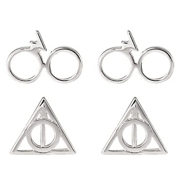 Harry Potter Deathly Hallows and Glasses Stud Earrings Set, 2 Pair, Silver Plated
