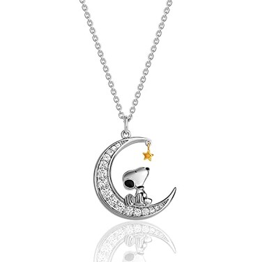 PEANUTS Womens Snoopy Moon Cubic Zirconia Necklace 18" -18k Yellow Flash Plated Snoopy Necklace - Official License