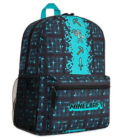 Minecraft Kids School Backpack with Zipped Front Pocket for Sports, Gym, Travel - Gamer Gifts (Blue)
