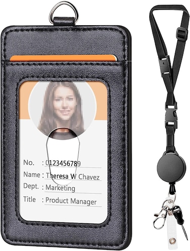 Leather Badge Holder and Adjustable Retractable Lanyards, Quick Release Buckle and Safety Breakaway Lanyards with Swivel Metal Clasp for Offices, Staff, Students, Employees
