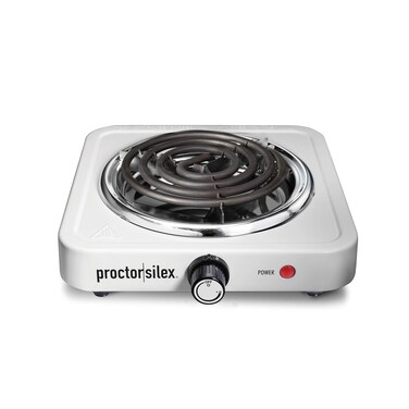 Proctor Silex Electric Stove, Single Burner Cooktop, Compact and Portable, Adjustable Temperature Hot Plate, 1200 Watts, White &amp; Stainless (34106)