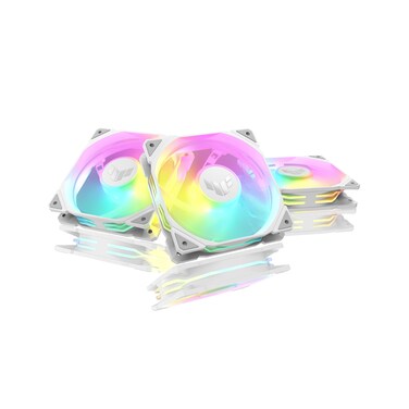 ASUS TUF Gaming TR120 120mm ARGB White Reverse Fan Blade Triple Pack 28mm Fan Frame, 2.75mm H2O Static Pressure, 76.3 CFM Airflow, Double-Layer LED Array, Flexible Side Pattern, Aura sync, PWM Fan