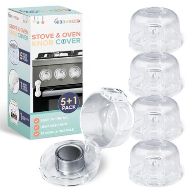 Child Proof Stove Knob Covers (Pack of 5) &amp; Oven Lock - Double Key Design Standard Size 2.1"High x2.4"Wide Stove Knob Covers for Child Safety - Stove Knob Locks for Gas Or Electric Burners- Clear