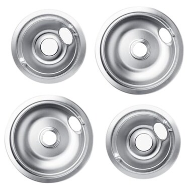 Pulluty 316048413 and 316048414 Electric Stove Burner Drip Pan Chrome Set for Frigidaire Tappan Kenmore Electric Range w/Locking Slot, Includes 2 6-Inch and 2 8-Inch Drip Bowls