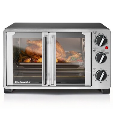 Elite Gourmet ETO2530M Double French Door Countertop Toaster Oven, Bake, Broil, Toast, Keep Warm, Fits 12" pizza, 25L capacity, Stainless Steel &amp; Black