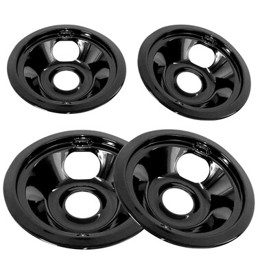 APPLIANCEMATES Black Porcelain Drip Pans Set 4-Pack 318067041 &amp; 318067051 Replacement for Frigidaire/Electric Range Stove Burner 5304430149, 5304430150 Includes 2 Large 2 Small (6 Inch and 8 Inch)
