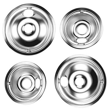 Stove Burner Drip Pans WB31T10011 &amp; WB31T10010 Chrome Drip Set 4-Pack Fits for GE Hotpoint Electric Range, Includes 2 Pack for 8 inch and 2 Pack for 6 Inch Burner by APPLIANCEMATES
