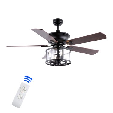 JONATHAN Y JYL9620A Braxton Farmhouse Industrial Iron Drum Shade LED Ceiling Fan with Remote, for Bedroom, Living Room, Dining Room 52" 4 Light, Black