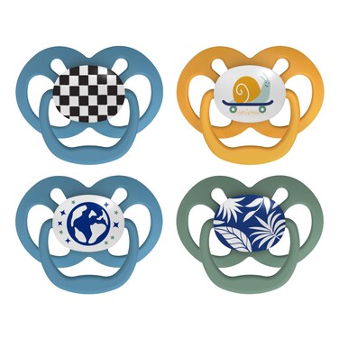 Dr. Brown's Advantage Glow-in-the-Dark Baby Pacifier, Fully Symmetrical Soother with Soft Silicone Bulb, 6-18m, BPA Free, Skateboard Snail and Blue Nature, 4 Pack (Style May Vary)