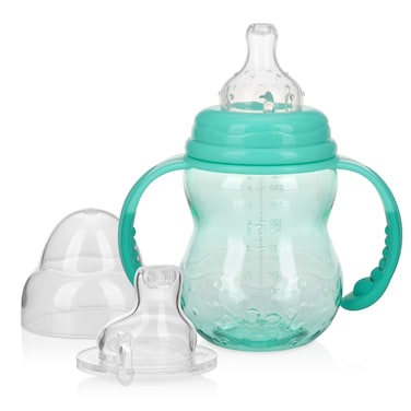 Nuby 3 in 1 Baby Bottle to Training Sippy Cup - 8 Oz Toddler Cups Spill Proof with Soft Spout, Nipple &amp; Removeable Grip Handles - BPA Free &amp; Dishwasher Safe (Teal)