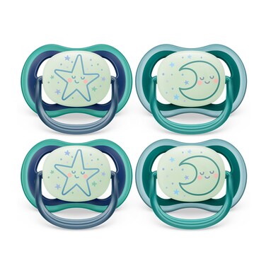 Philips Avent Ultra Air Pacifier - 4 x Light, Breathable Glow-in-The-Dark Baby Pacifiers for Babies Aged 6-18 Months, BPA Free with Sterilizer Carry Case, SCF376/08