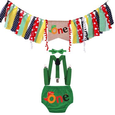 HIHCBF Baby Dinosaur Cake Smash Outfits 1st Birthday Photo Shoot Decorations Kit Highchair Banner Bloomers Suspenders Bowtie