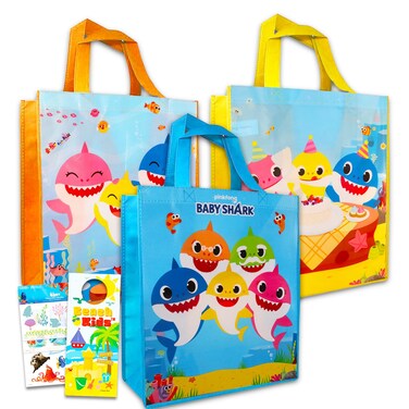 Baby Shark Tote Bag Bundle - 3 Large Baby Shark Reusable Grocery Bags, Travel Totes for Kids Party Supplies, Party Favors Plus Stickers, More   Baby Shark Reusable Tote Bag