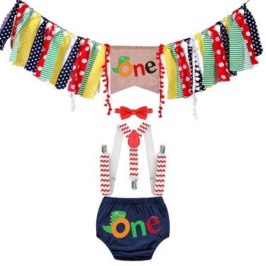 HIHCBF Baby Dinosaur Cake Smash Outfits 1st Birthday Photo Shoot Decorations Kit Highchair Banner Bloomers Suspenders Bowtie