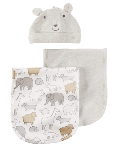 Carter's Baby 3 Piece Animal Burp Cloths &amp; Hat Set,Gray,One Size