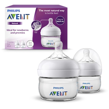 Philips Avent Natural Baby Bottles, with First Flow Nipple, 2OZ/60ML, 2 Pack, SCF019/25