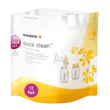 Medela Quick Clean MicroSteam Bags, Sterilizing Bags for Bottles Breast Pump Parts Eliminates 99.9 of Common Bacteria Germs Disinfects Most Breastpump Accessories, Yellow, 12 Pack