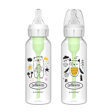 Dr. Brown's Natural Flow Anti-Colic Options+ Narrow Baby Bottle, Bear &amp; Owl, 8 oz/250 mL, with Level 1 Slow Flow Nipple, BPA Free, 0m+, 2-Pack