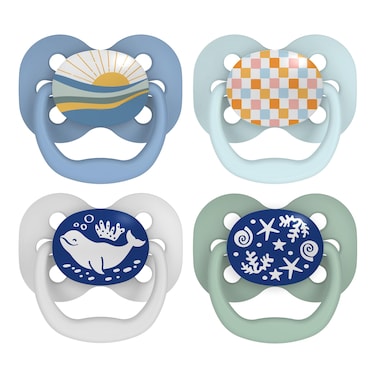 Dr. Brown's Advantage Glow-in-the-Dark Baby Pacifier, Fully Symmetrical Soother with Soft Silicone Bulb, 0-6m, BPA Free, Blue Sunrise and Blue Ocean, 4 Pack (Style May Vary)