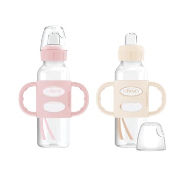 Dr. Brown's Milestones Narrow Sippy Spout Bottle with 100% Silicone Handles, Easy-Grip Handles with Soft Sippy Spout, 8oz/250mL, Light-Pink &amp; Ecru, 2-Pack, 6m+