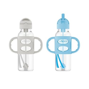 Dr. Brown's Milestones Narrow Sippy Straw Bottle, Spill-Proof with 100% Silicone Handles and Weighted Straw, 8 oz/250 mL, Gray &amp; Blue, 6m+