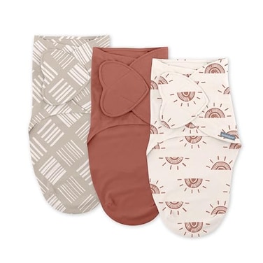 SwaddleMe by Ingenuity Monogram Collection Baby Swaddle, 100% Cotton, Improves Sleep &amp; Calms Startle Reflex, 0-3 Months, Pocket Fold Design for Easy Changes, 1.0 TOG, 3-Pack - Rising Sun