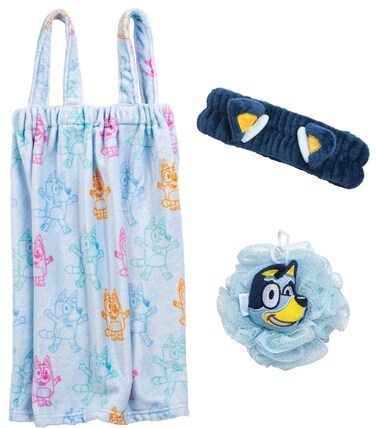 Jay Franco Bluey 3 Piece Spa &amp; Bath Set - Includes Towel Wrap, Loofah &amp; Spa Headband - Kids Bath &amp; Shower Accessories
