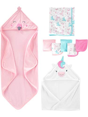 Simple Joys by Carter's Baby Girls' 8-Piece Towel and Washcloth Set, Pink Flamingo/White Unicorn, One Size