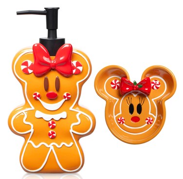 Jay Franco Disney Minnie Mouse Gingerbread Bathroom Set - 2 Piece Collection Includes Lotion Pump and Soap Dish - Christmas and Holiday Bathroom Accessories