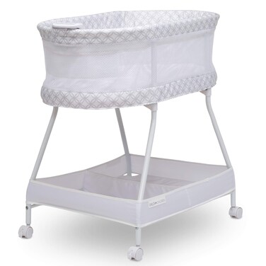 Delta Children Sweet Dreams Bassinet with Airflow Mesh Bedside Portable Crib with Vibration Lights and Music, Grey Infinity