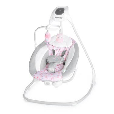 Ingenuity SimpleComfort Lightweight Compact 6-Speed Multi-Direction Baby Swing, Vibrations &amp; Nature Sounds, 0-9 Months 6-20 lbs (Pink Cassidy)