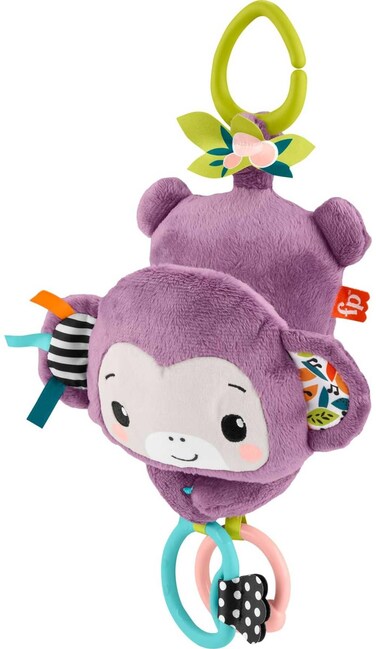 Fisher-Price Baby Stroller Toy Sing &amp; Go Purple Monkey Musical Sensory Plush with Crinkle &amp; Clackers for Newborns from Birth+
