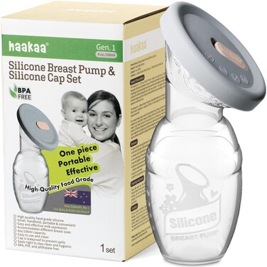 haakaa Manual Breast Pump Breastfeeding Pump with Food Grade Silicone Cap (Grey) 4oz/100ml