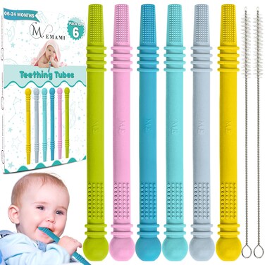 M. Emami Baby Teething Toy - Pack of 6 Hollow Teething Sticks with 2 Cleaning Brushes - 100% Food Grade Silicone, BPA Free, and Dishwasher Safe - 6 Vibrant Colors for 6-18 Months Babies